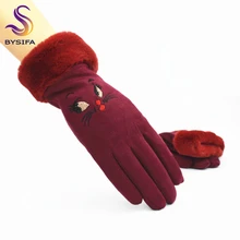 [BYSIFA] дизайн с котом из мультфильма замшевые милые женские перчатки зимние винно-красные варежки перчатки двухслойные плюс бархатные дамские перчатки