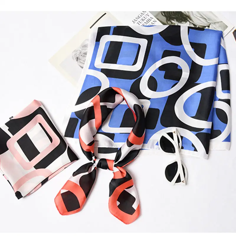 

2019 New 70cm women's scarf retro fashion trend small silk scarf circle graffiti scarf square scarf tie package decorative hairb