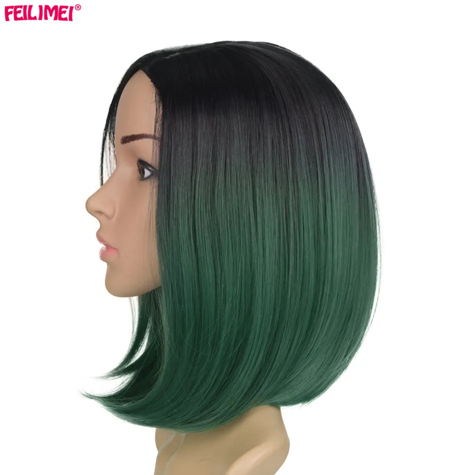 

Feilimei Black Short Straight Wig 160g African American Females hair Extensions Synthetic Japanese Fiber Ombre Green Bob Wigs