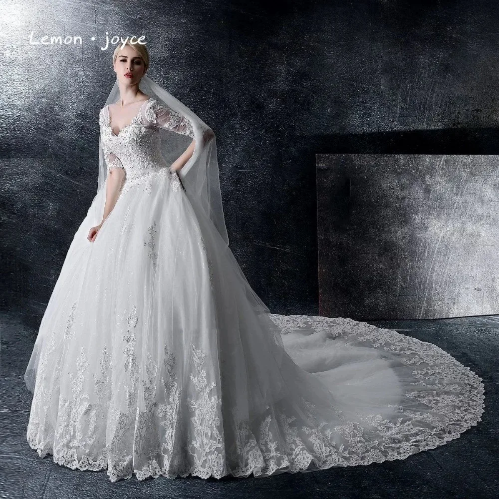 Свадебное платье принцессы с бусинами, роскошное кружевное платье с v-образным вырезом и аппликацией, белое арабское свадебное платье с коротким рукавом, robe de mariage