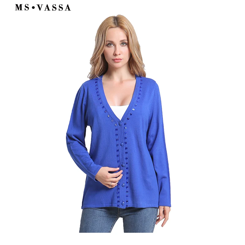 MS VASSA Women Blue Spring Sweaters 2018 New V Neck Cardigans Ladies