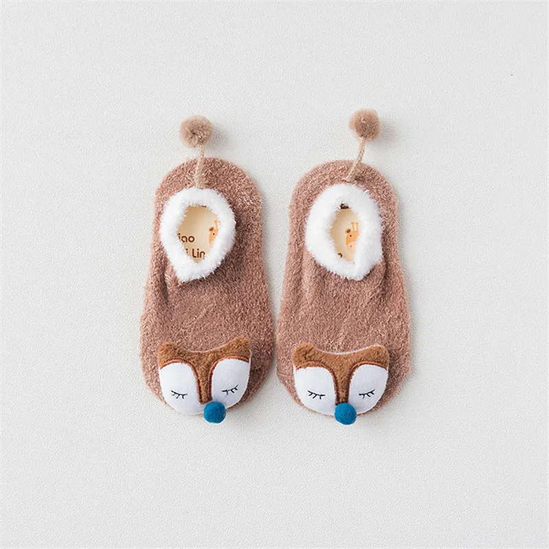 Коллекция года, PPXX, зимние толстые детские носки с мультяшным животным, хлопковые мягкие теплые нескользящие носки с мехом для новорожденных, носки-Тапочки - Цвет: brown
