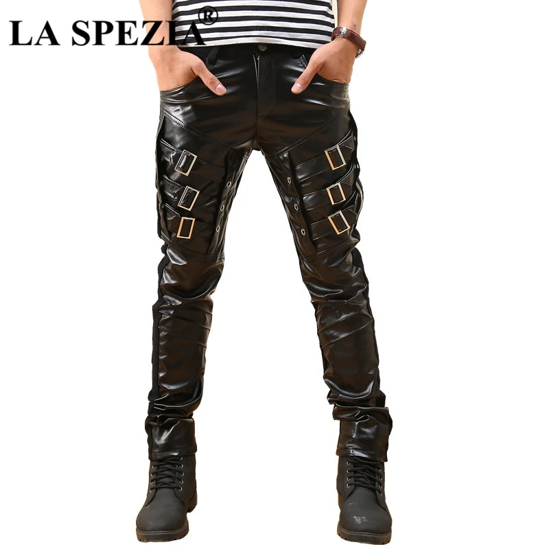 

LA SPEZIA Men Pants Motorcycle Biker Black Slim Pencil Pant Male Belts Punk Rock Faux Leather Singer Warm Autumn Winter Trousers