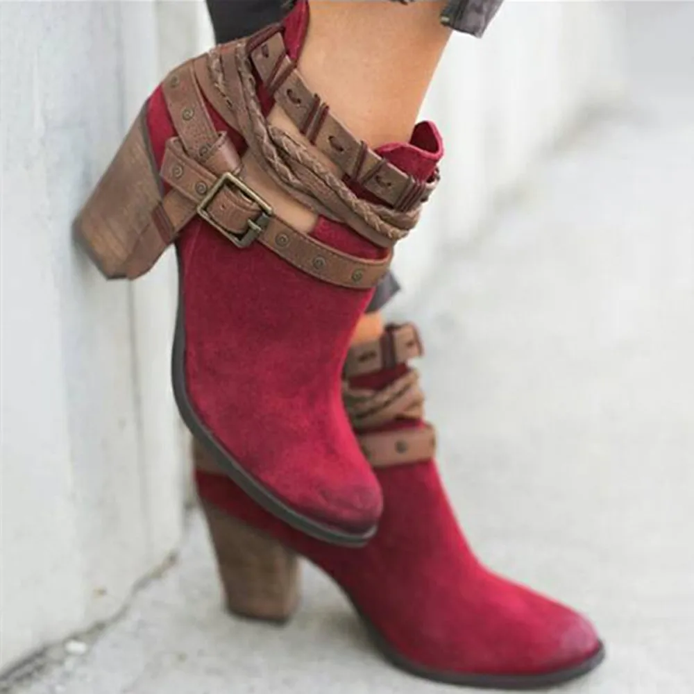 Prix Bottines Bout Pointu Bottes À Talons Bas Femme Mode Flock Sexy Rivet Boucle femmes Automne Chaussures