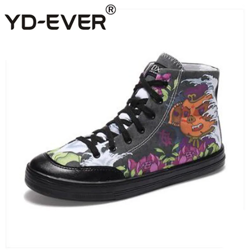 

Men Shoes Brand Casual Hip Hop Printed Floral Flats Painting High Top Sneakers Flower Runway Large Size Trainers Skate Canvas