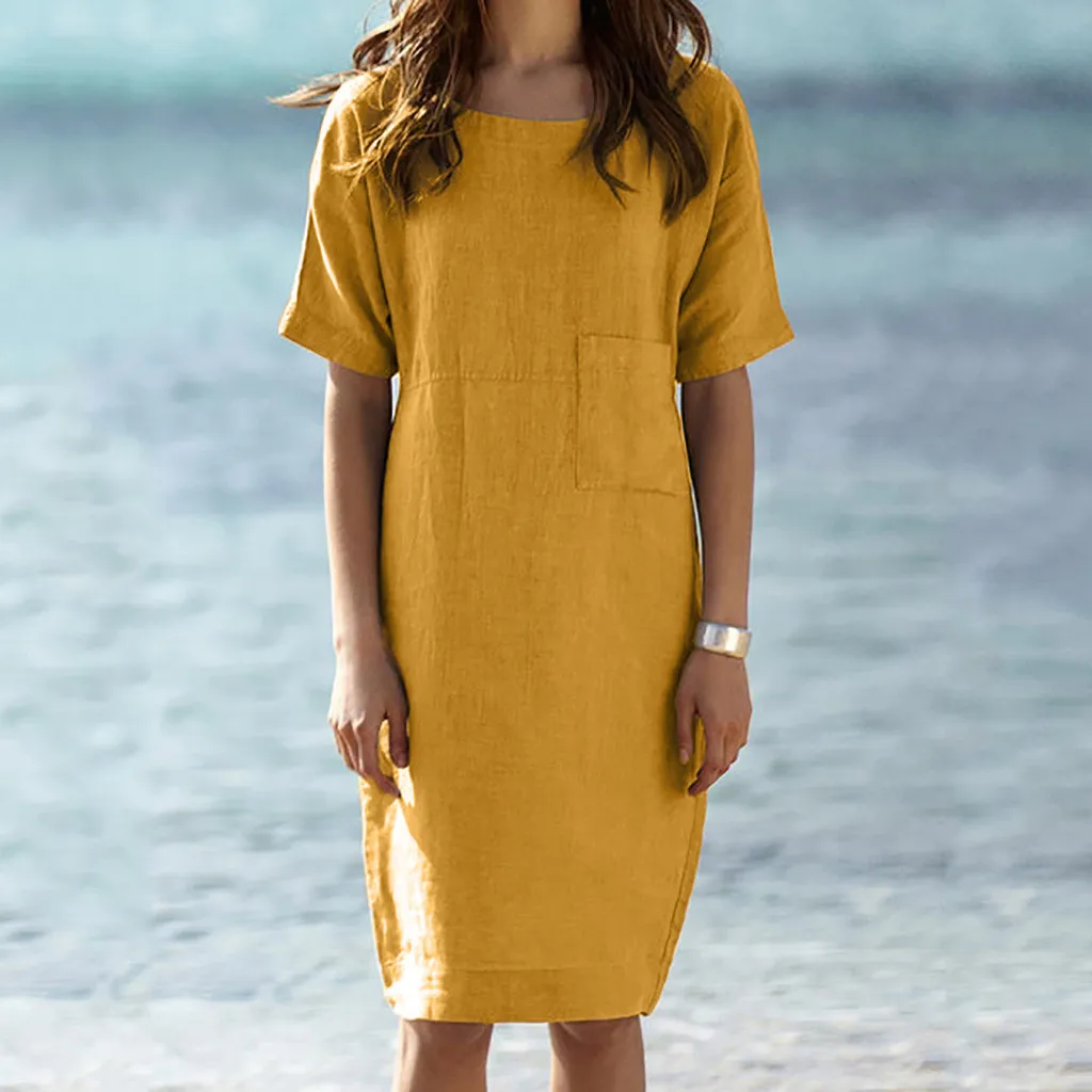 

Womens Summer Boho Dress Short Sleeve Solid Color Linen Party Dresses Loose A-line Sundress Pocket Summer Beach Dresses 2019