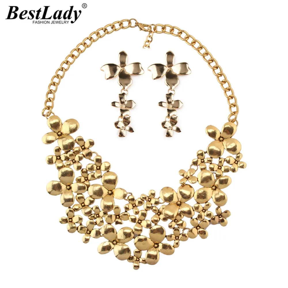 

Best lady Vintage Flower Statement Jewelry Sets For Women Collar Choker Necklace Earring Gold Color Jewelry Wholesale Gifts