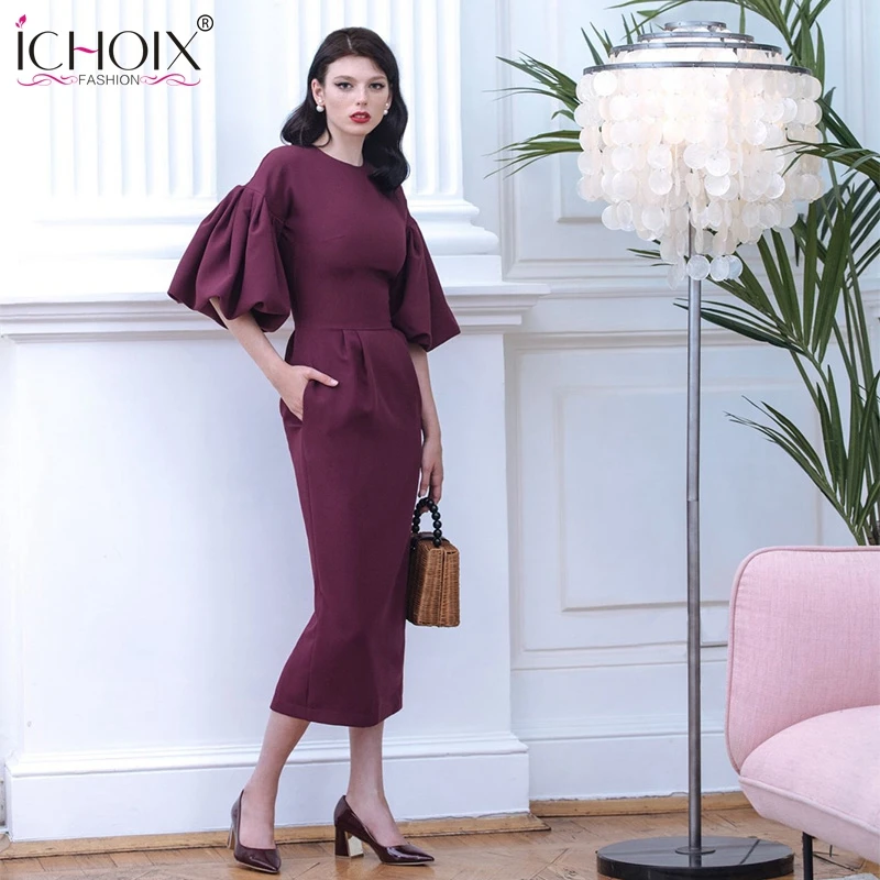 

ICHOIX Women Evening Party Long Dress O Neck Puff Sleeve Elegant Dresses Pink Red Lady Office Bodycon Long Dress Winter Autumn