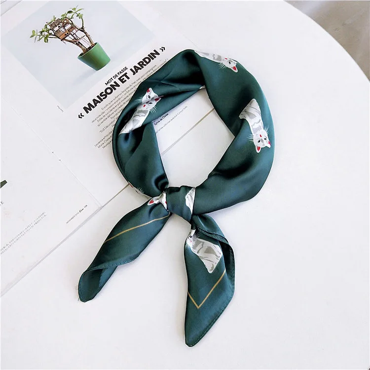 6 цветов с принтом кота бандана квадратный шарф для дам модные аксессуары Шелковый-как волосы платок Женская сумка шарф 60*60 см - Цвет: Зеленый
