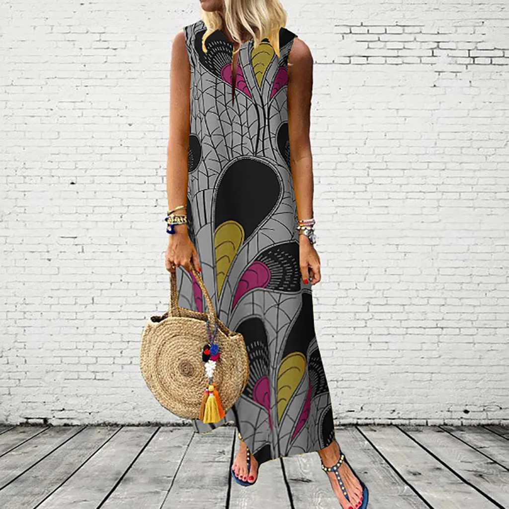 

Women Short Sleeve O Neck Boho Maxi Dress Ladies Holiday Beach Split Dress 2019 Fashion Loose Classical Sundress Plus Size#J30