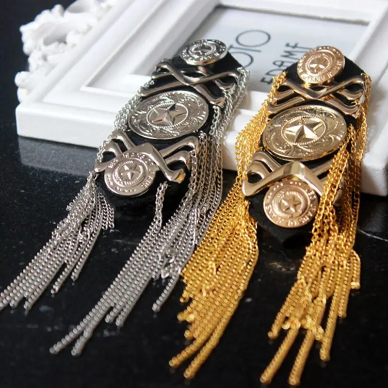 

Handmade gold silver jewelery tassel big shoulder brooch epaulet /epaulettes spikes/escapulario blazer accessories/pin badge