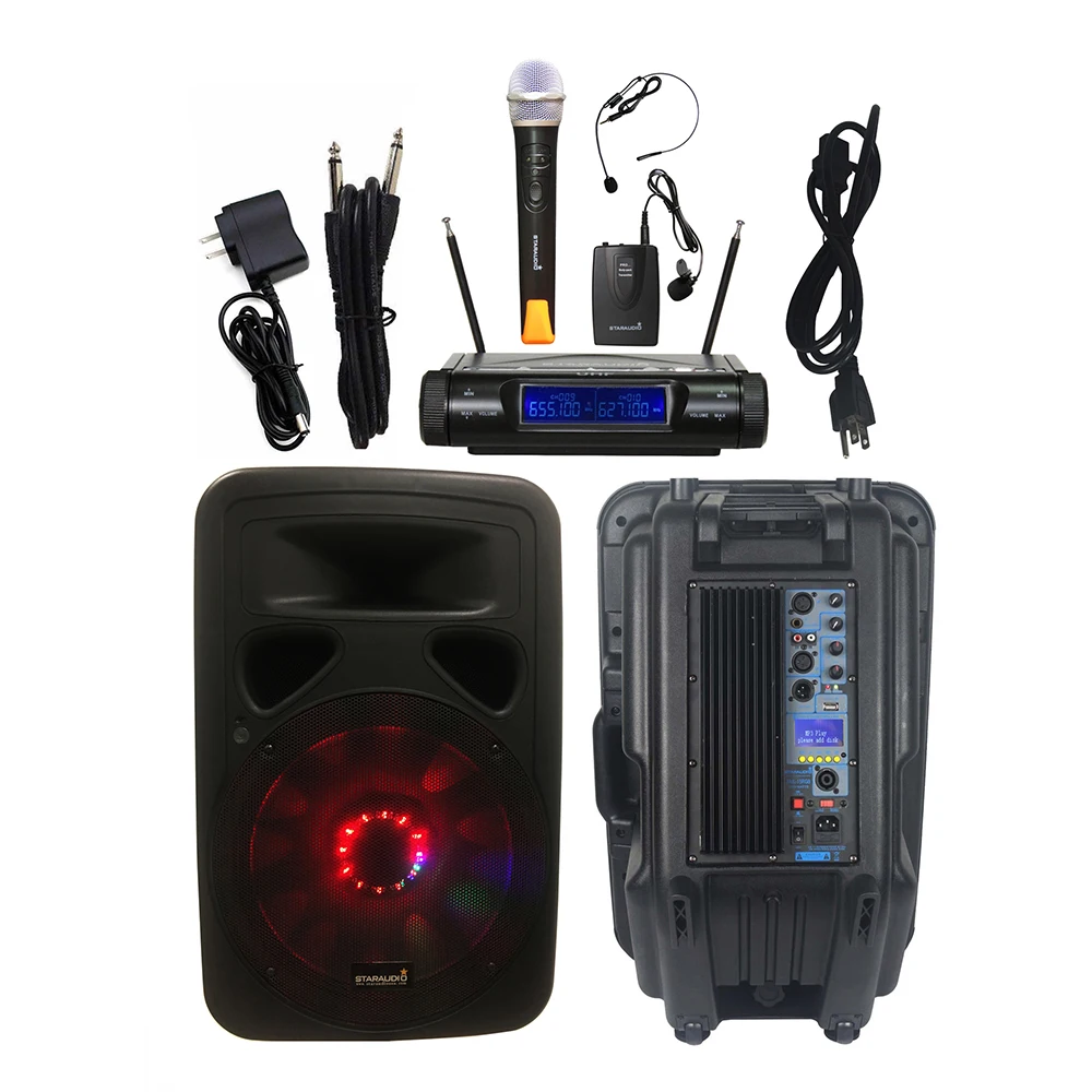 

STARAUDIO 15" 3500W Active Powered DJ PA Speaker RGB Light Speaker 2 Channel UHF Wireless Handheld Headset Microphone SML-15RGB
