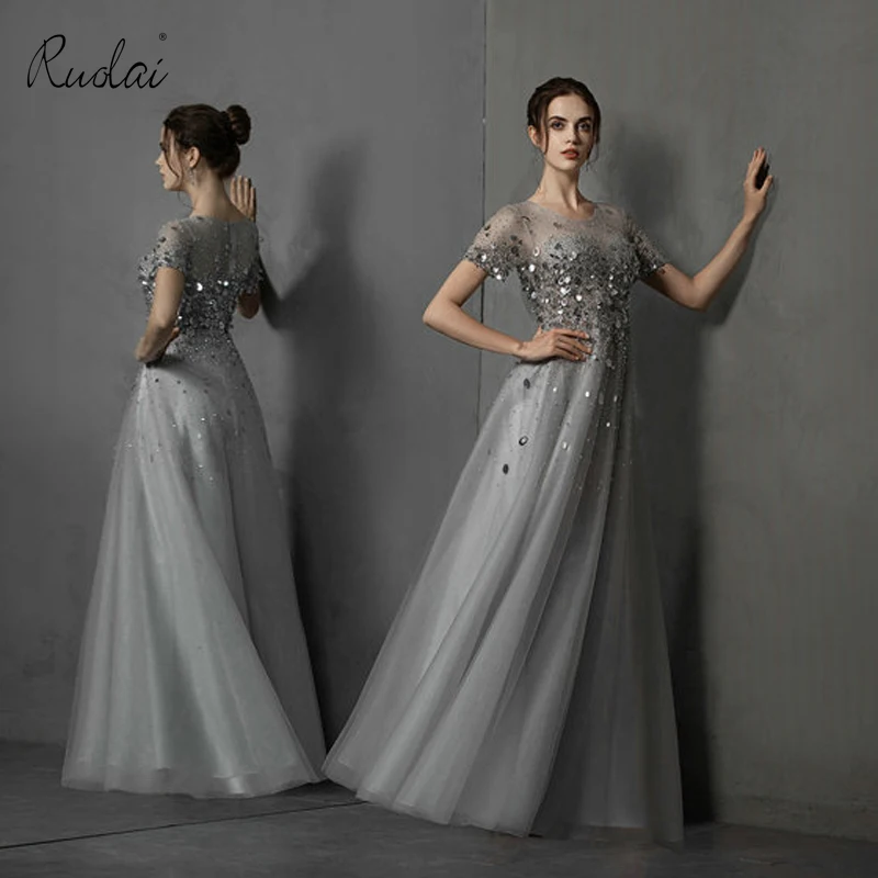 

2019 New Arrival Simple A-Line Women Evening Dress O-Neck Short Sleeve Floor Length Long Party Gown vestido de festa