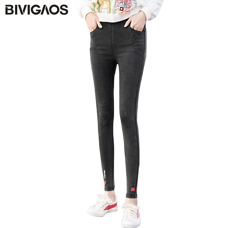 

BIVIGAOS 2018 Spring New Jeggings Ankle W Leather Label Embroidered Letters Skinny Jeans Leggings Elastic Pencil Pants Women