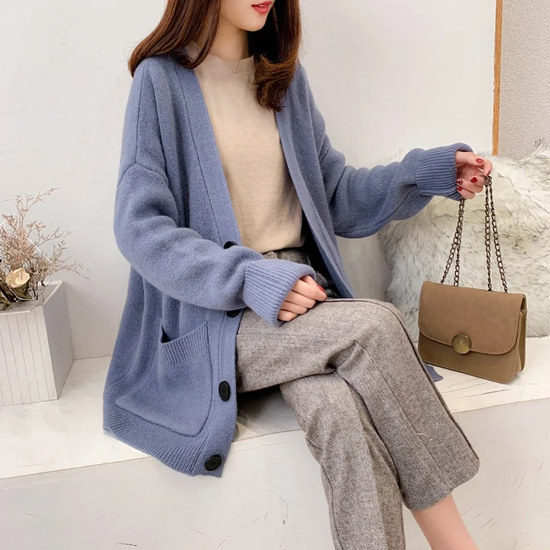 PEONFLY Midi Long Sweater Cardigan For Women Autumn Winter Pocket Long Sleeve Cardigan Female Knitted Jacket Women Red Blue