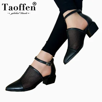 

TAOFFEN Brand New Size 34-40 Genuine Leather Black Women Shoes Fashion Woman Sandals Nature Cow Leather Black Party Shoes