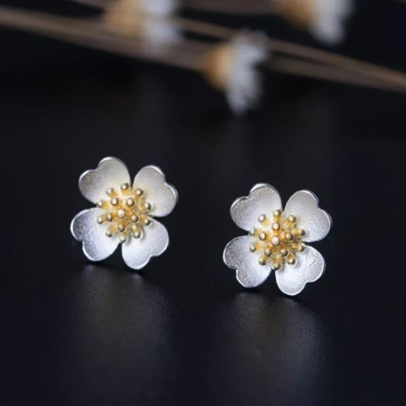 

JINSE Real 925 Sterling Silver Natural Creative Handmade Fine Jewelry Vintage Fresh Flowers Stud Earrings for Women Brincos