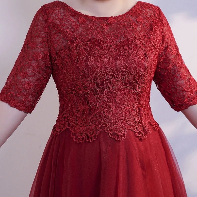 Wine Red Lace Evening Dresses For Wedding Party Tea-Length Tulle Plus Size Mother Of The Bride Dresses With Half Sleeves