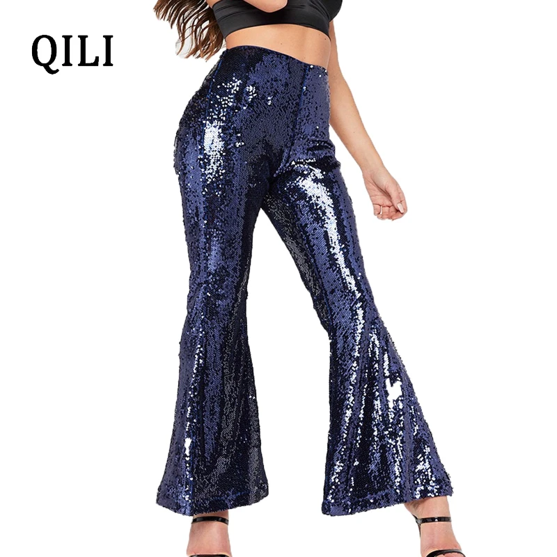 QILI Women Flare Pants Glitter Sequined Trousers Mid Waist Rear Zipper ...