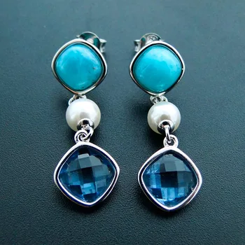 

Larimar Drop Earrings Woman Blue Gemstone Crystal Pearl CZ Stone Dangle Earrings in 925 Sterling Silver Jewelry for Party