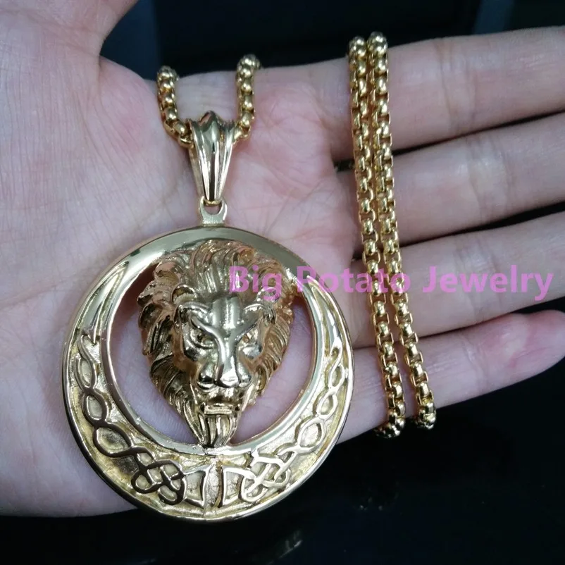 316L Stainless Steel Yellow Gold Vintage Lion Head Pendent Jewelry Nacklace For Mens Boys With Free Box Aberdeen Chain | Украшения и
