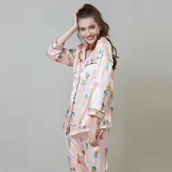 Шелковые пижамы для женщин женские пижамы наборы с длинным рукавом воротник декоративные карманы топ + брюки женские шелковые пижамы