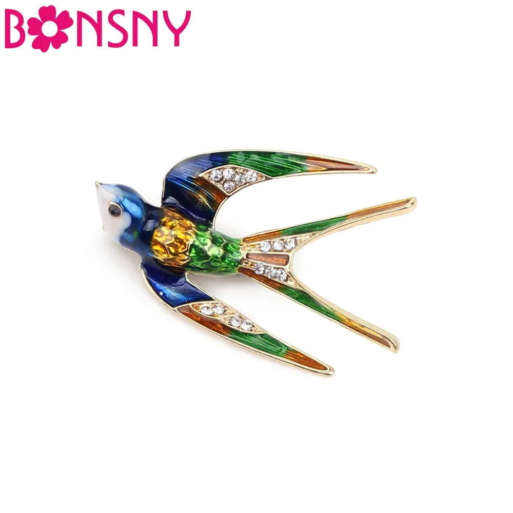 

Bonsny Gold Plating Alloy Swallow Bird Brooch Rhinestone Pin For Women Clothes Decoration Novelty Jewelry Ladies Decoration