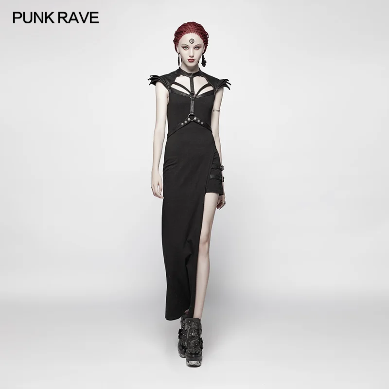 Панк Rave Повседневные Вечерние черные модные хлопковые Асимметричные ретро сексуальные женские платья в готическом стиле WQ377