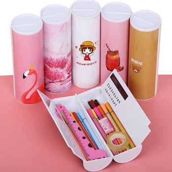 

Multifunction Double Layer Cylinder Pencil Case Pen Box With Mirror Calculator Whiteboard Pen Wiper Cosmetic case Stationery box