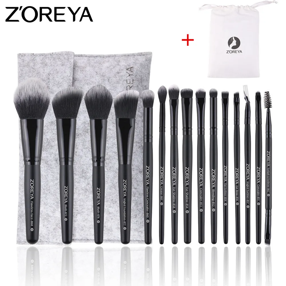 

ZOREYA Make Up Brushes 15pcs Cosmetic Brush With Gray Cosmetic Bag And White Pouch Powder Foundation Blush And Eye Brush Set