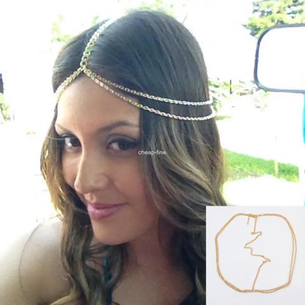 Vintage Fashion Women Gold Double Chain Tassel Hair Bands Headband Hair
