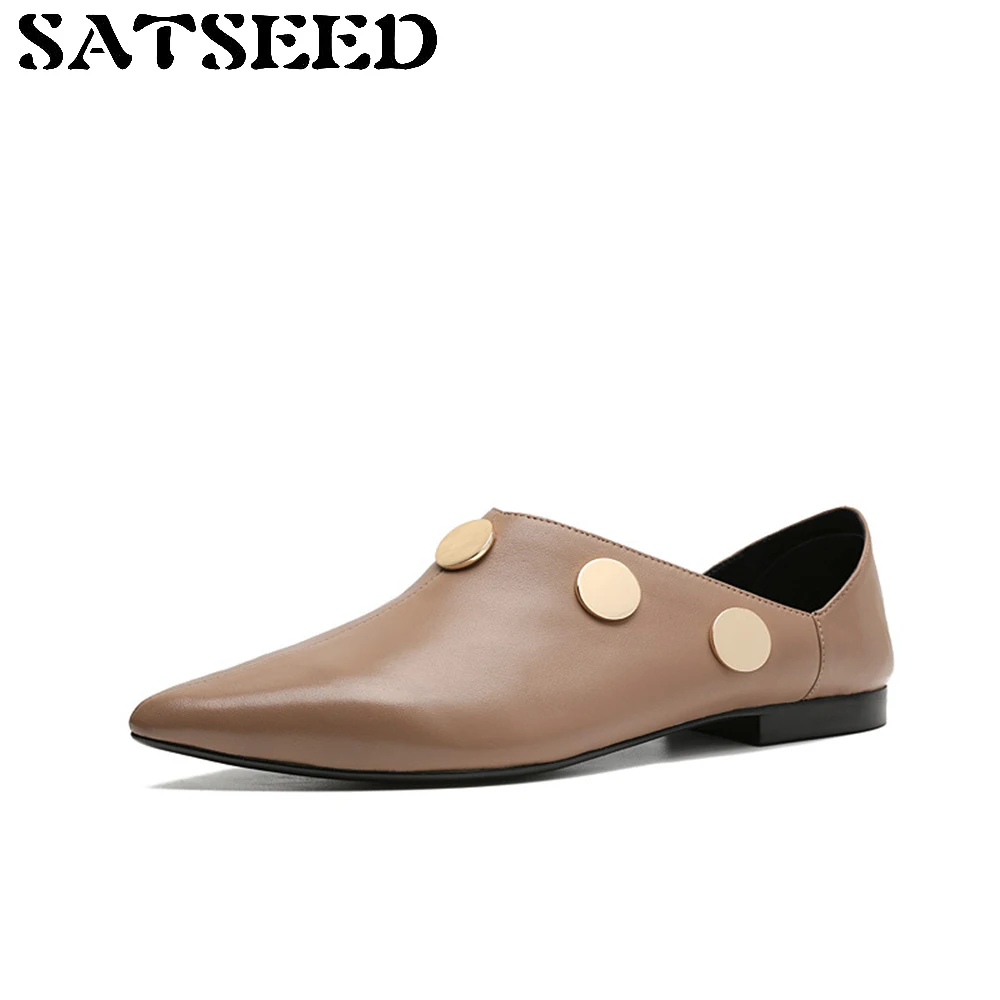 

2019 New England Women's Genuine Leather Sheepskin Shoes Autumn Pointed Metal Buckle Two Wear Pumps Low Heeled Shallow Fashion