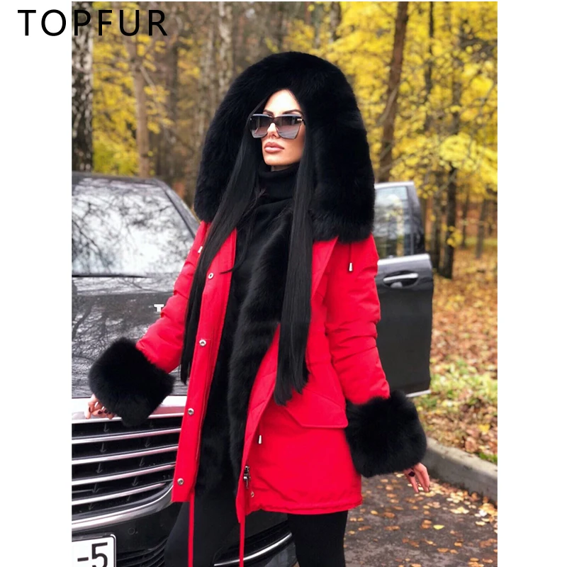 TOPFUR 2018 الشتاء الفراء سترة نوعية جيدة الأزياء الطبيعي الثعلب الفراء طوق و هود الأحمر سترة سميكة أرنب بطانة ستر النساء