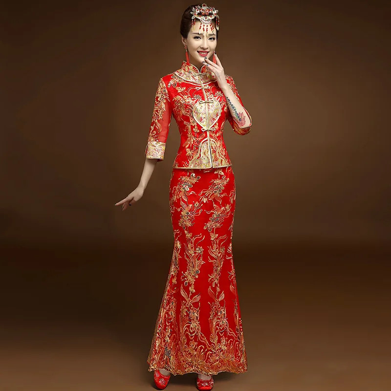 Красный вышивка китайский традиционный Чонсам сексуальные платья Qipao длинное свадебное платье восточные свадебные платья невесты - Цвет: RED