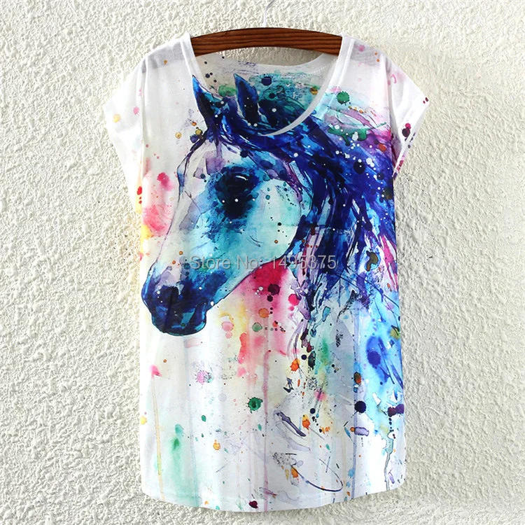 120pcs/lot 2015 new fashion Graffiti Horse pattern t-shirt women summer clothing top tees short sleeve t shirt female