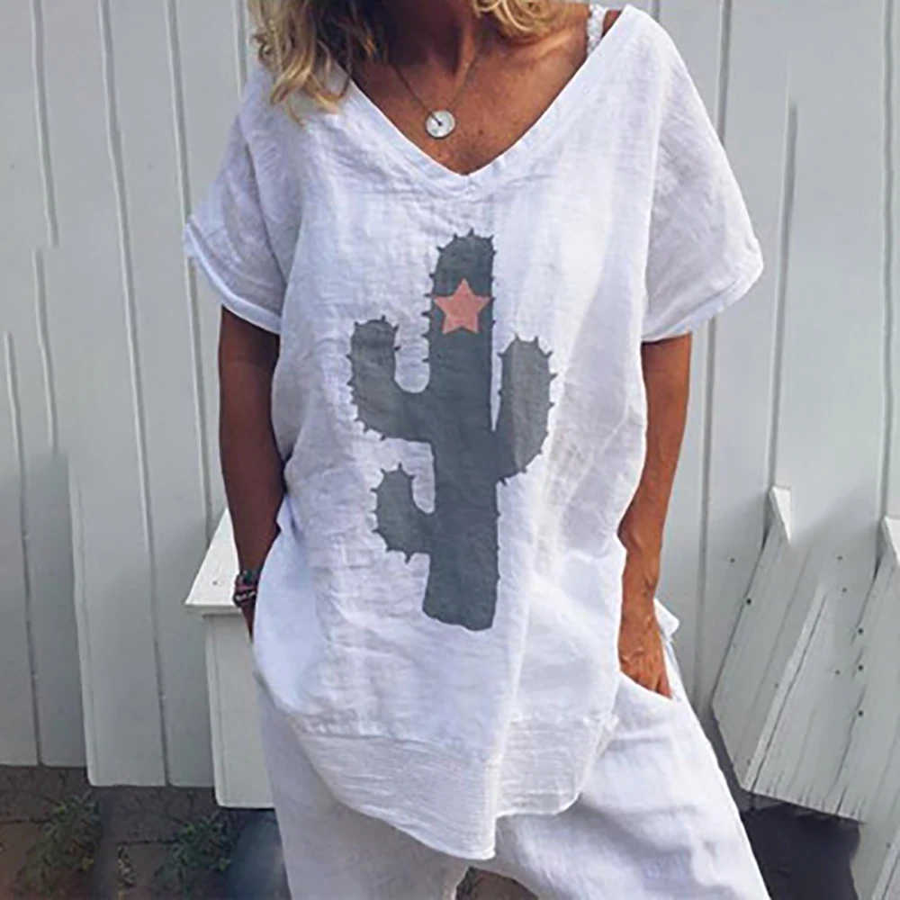 

CALOFE Women's Cactus Printed Shirt Cotton Harajuku Summer Female Top Tee Lady Girl Funny Round neck Blouse Hipster Tumblr
