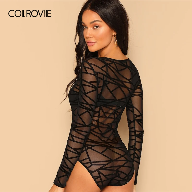 COLROVIE الأسود سكوب الرقبة جيو شبكة شير نحيل مثير ارتداءها النساء 2019 الأزياء طويلة الأكمام نادي ليلة خارج السيدات داخلية