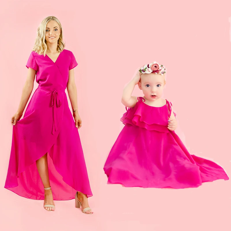 

Mother Daugther Dresses Summer Mom And Me Red Color Chiffon Dress Family Look Matching Outfits Clothes Mum Sister Baby Girl