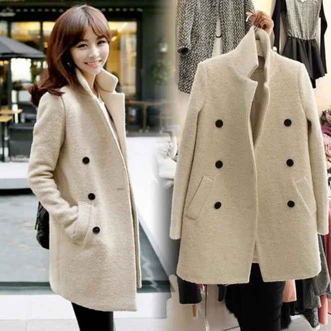 2015 New Korea Fashion Autumn Winter Women Wool Elegant Beige Double