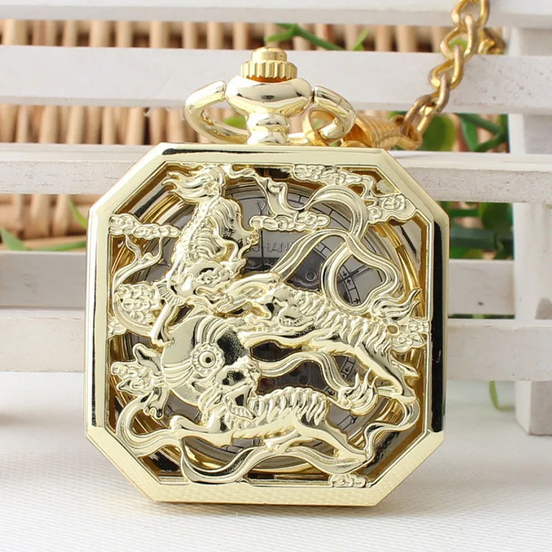 

New gold kylin pattern pocket watch Roman scale manual winding mechanical watch TJX007
