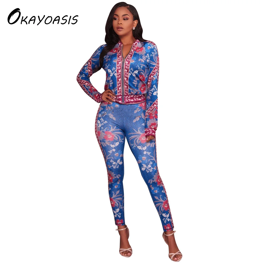 

OKAYOASIS Free Shipping Lady Popular 2 Pieces Set Coat + Trouser Print Style Women Casual Tracksuit Set