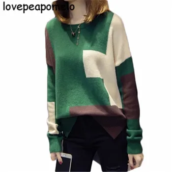 

Spring And Autumn New Sweater Casual Women's Knitted Sweater Korean Loose Patchwork Pullover Leisure Criss-cross Tops J378