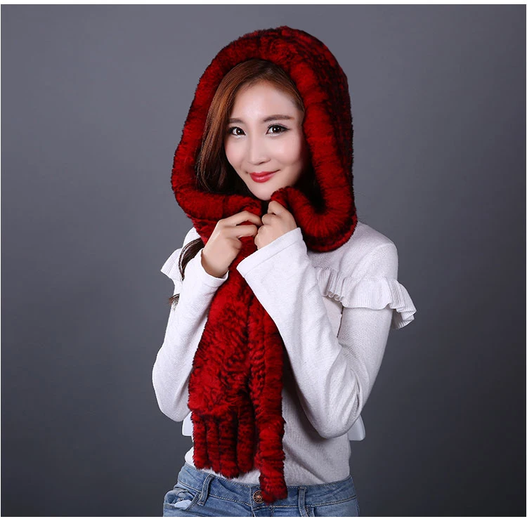 Женский зимний шарф с кисточками с капюшоном, вязанные уши, настоящий мех кролика, шапки для женщин, шарф из натурального меха, утолщенный шарф