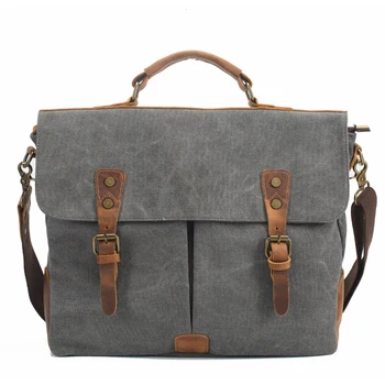 

New Men's Vintage Canvas Genuine Leather Cowhide Cotton Tote Messenger Bag Cross-body Handbag Book School Bag 15"
