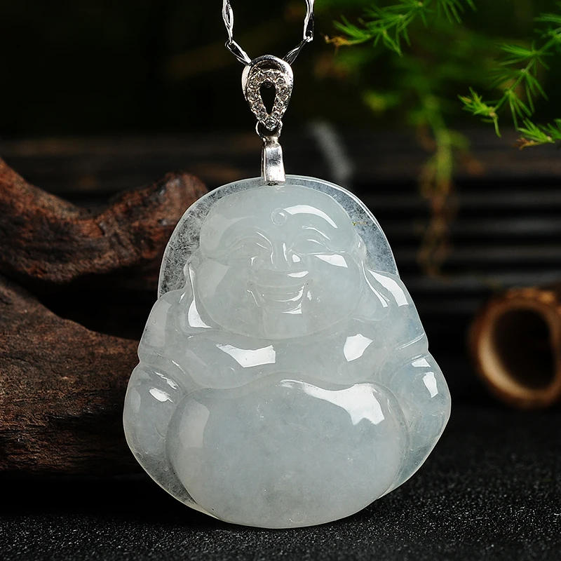 Natural ice green white jade Buddha 