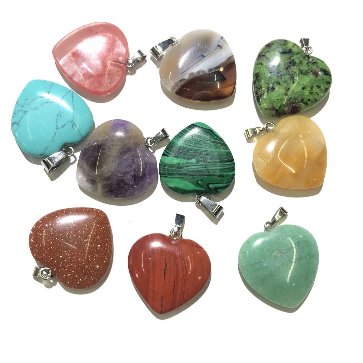10 PCS Natural Stone Pendants Heart Shape Crystal Agates Necklace