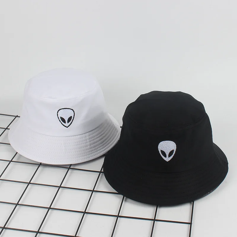 Outdoor Summer Men Casual alien Embroidery Bucket Hat Solid Black and White Sun Hat Women's Flap Fisherman Caps Gorros