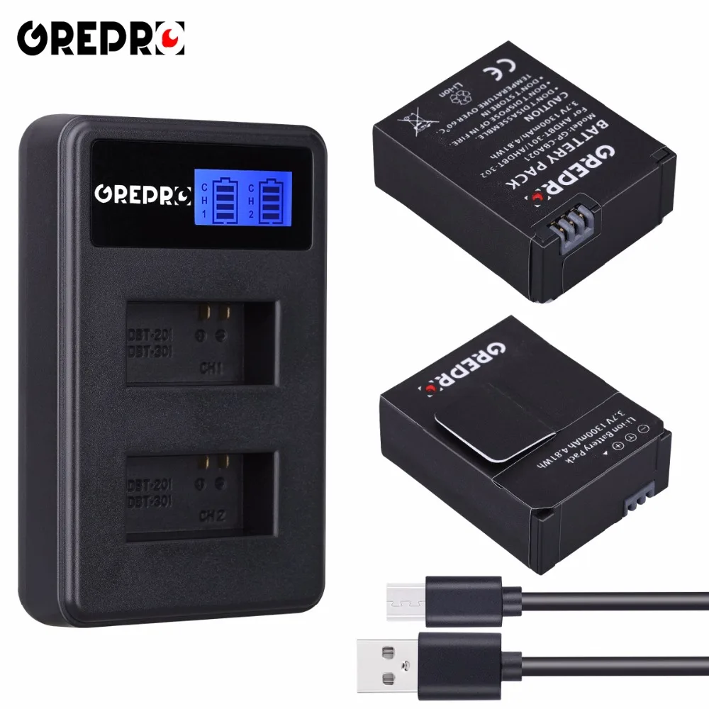 

GREPRO 2pcs 1300mAh AHDBT-302 AHDBT-301 AHDBT301 AHDBT 302 201 Battery+LCD Charger for GoPro HD Hero 3 Hero3+1080P 12M 11M 5MP