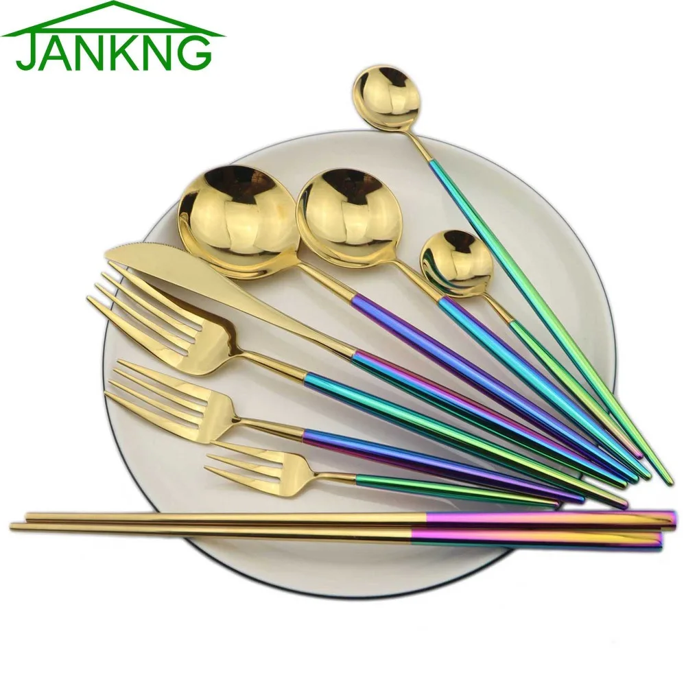 

JANKNG Luxury Rainbow Dinnerware Gold Cutlery Set 18/10 Stainless Steel Chopsticks Silverware Set Tableware Dinner Knife Fork