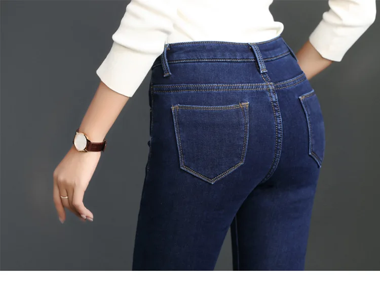 Осень Зима мама джинсы для женщин женские Высокая талия эластичные утолщенные теплые джинсы плюс размеры Длинные мотобрюки корейский